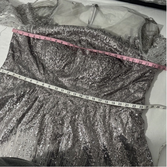 NWT$798 Mac Duggal [ 24 ] Jewel Encrusted Illusion Long Sleeve A-Line Gown Silve - Picture 15 of 17